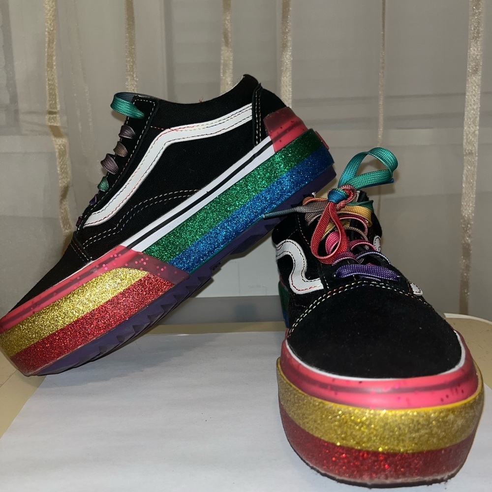 Van rainbow glitter stacked sole old skool sneakers.